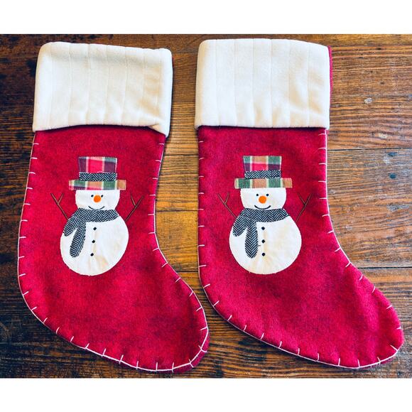 (2) NWOT Red Snowman Christmas Stocking Embellished Snowman & Scarf Felt - Picture 1 of 5